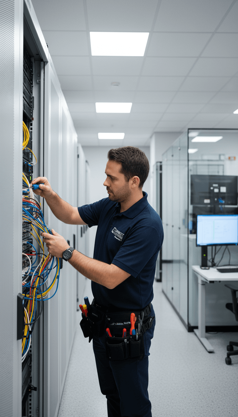 Technician working on network equipment