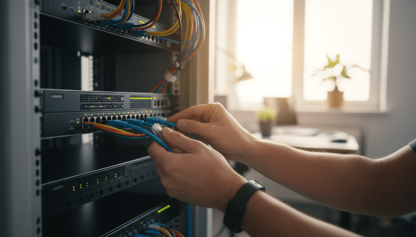 Technician plugging a network cable into a server rack