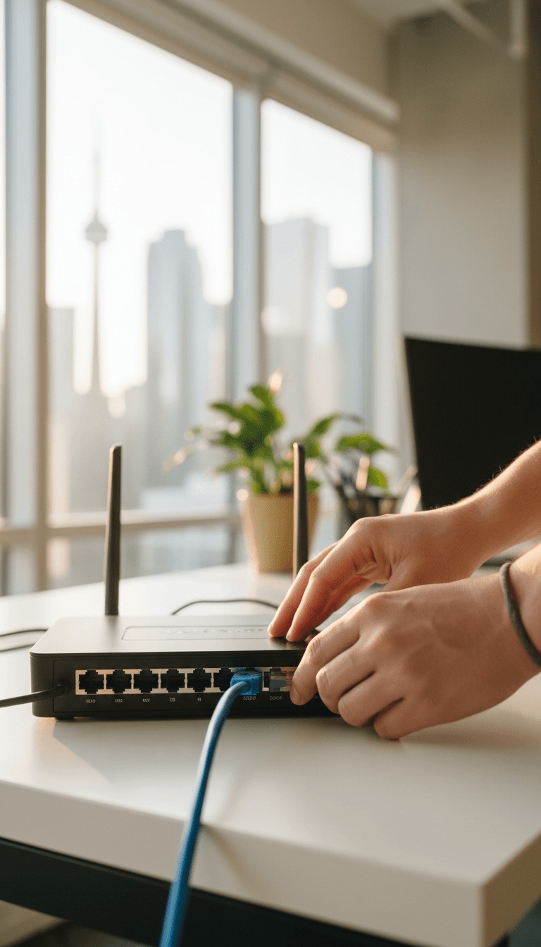 Technician plugging a network cable into a router