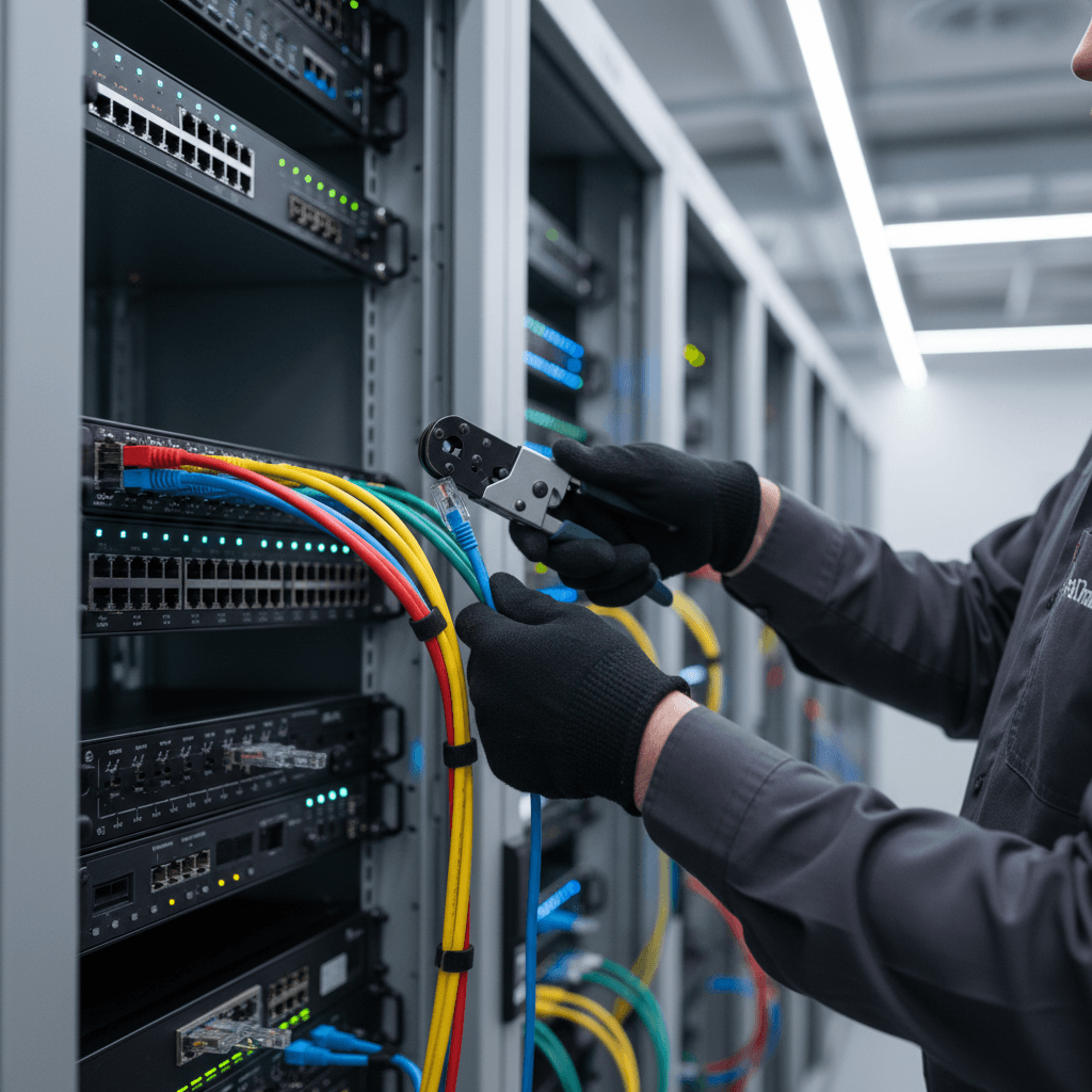 Technician organizing ethernet cables