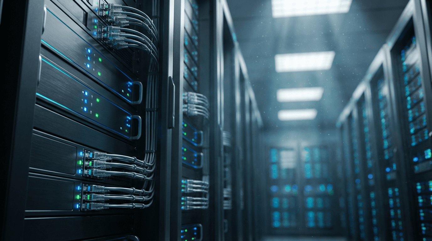 Rack of neatly organized network equipment